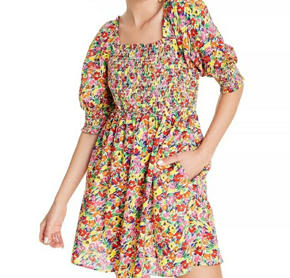Rainbow Floral Puff Sleeve Smocked Bodice Dress By RIXO for Target. Size S Small